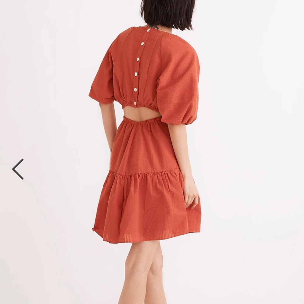 MADEWELL PETITE SEERSUCKER PUFF-SLEEVE CUTOUT MINI DRESS